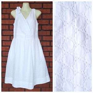 White Eyelet Midi Dress Sz 10 Faux Wrap Cotton Ruffle Shoulder Sleeveless Lined